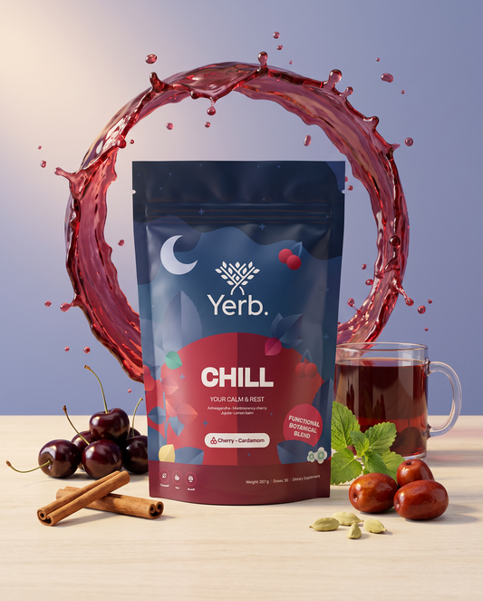 Yerb Chill cherry cardamom se splash ringem visnoveho caje