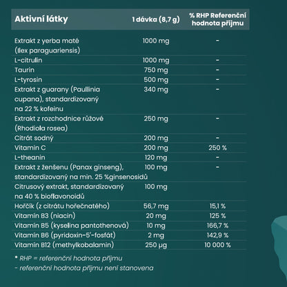 Yerb Drive – tabulka složení, aktivní látky v 1 dávce