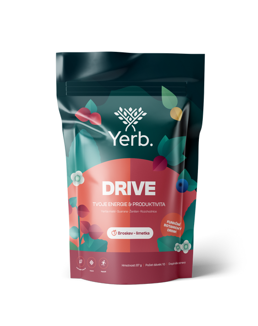 Yerb Drive 10 davek Broskev-limetka, predni strana