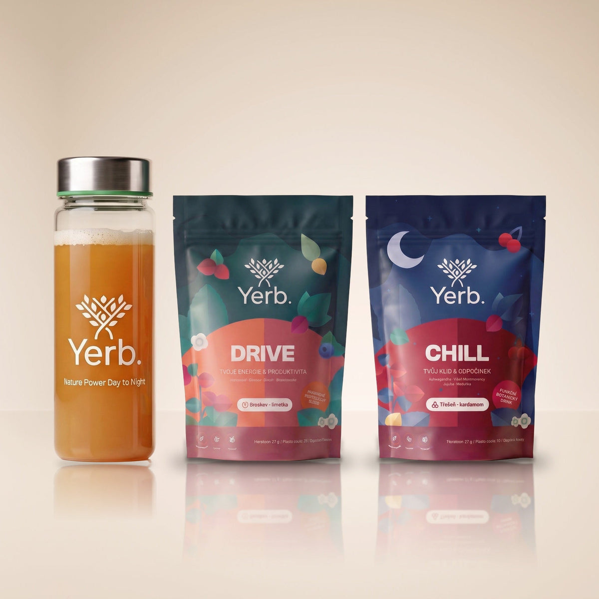 Sada z Jámy lvové: malý Yerb Drive Broskev-limetka, malý Yerb Chill a tritanová láhev