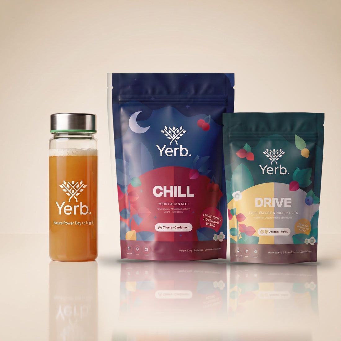 Chill starter pack: velké balení Yerb Chill, malé balení Yerb Drive a tritanová láhev
